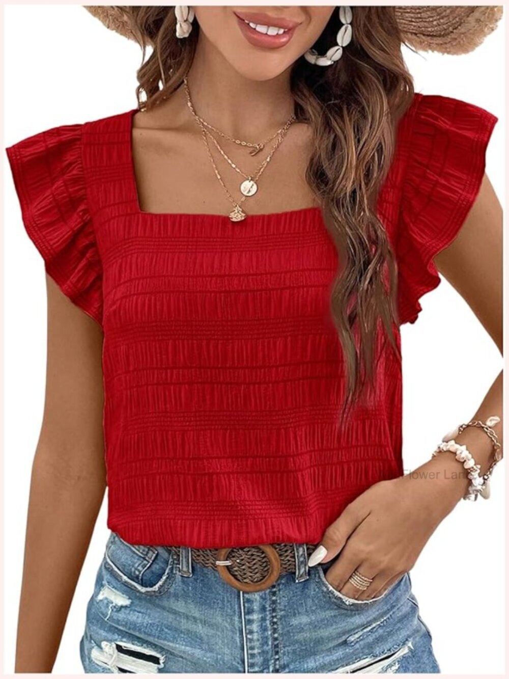 Ruffle Cap Sleeve Square Neck Textured Blouse